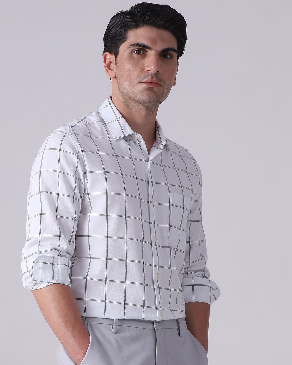 White Dobby Check Slim Fit Casual Shirt
