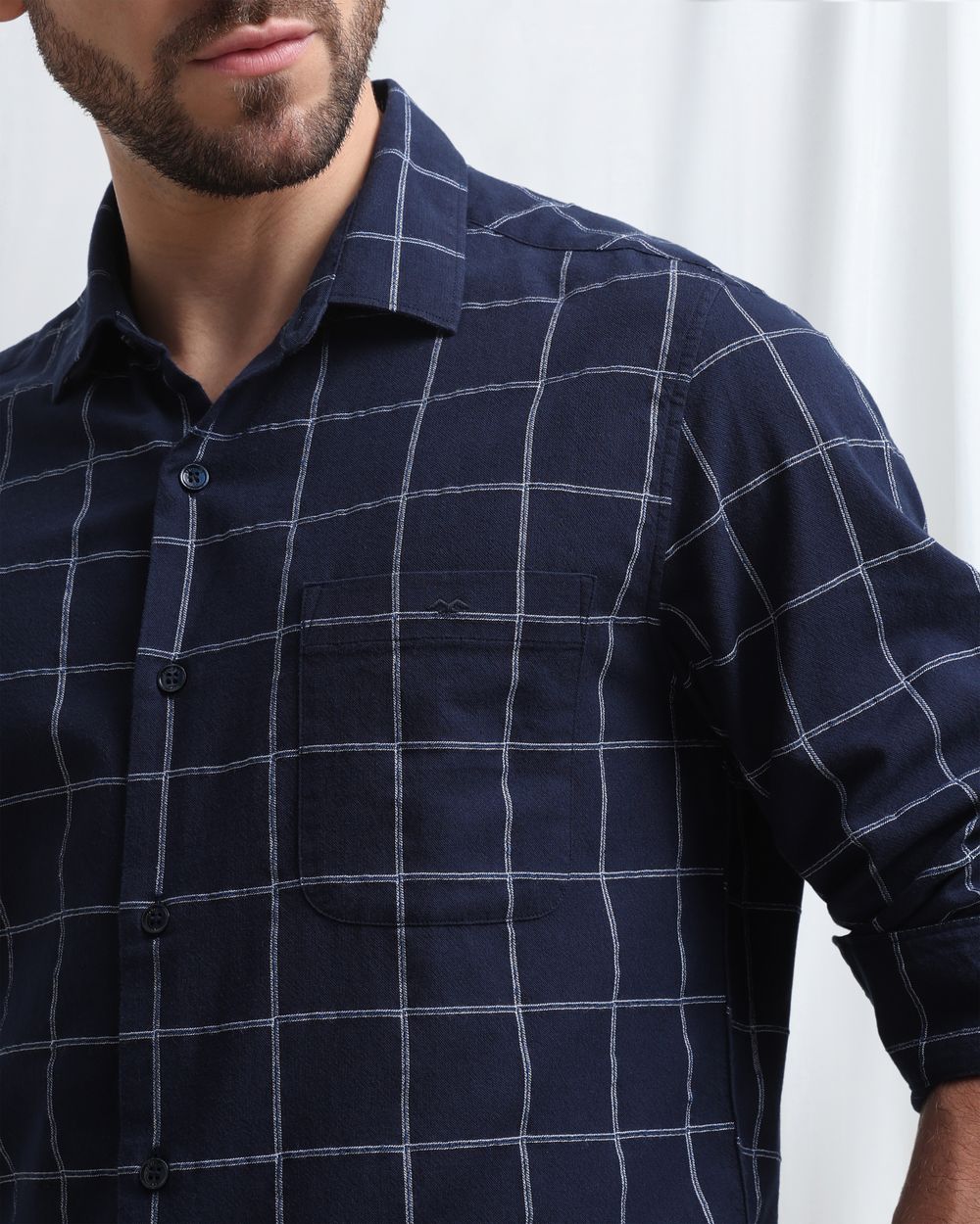 Navy Dobby Check Slim Fit Casual Shirt