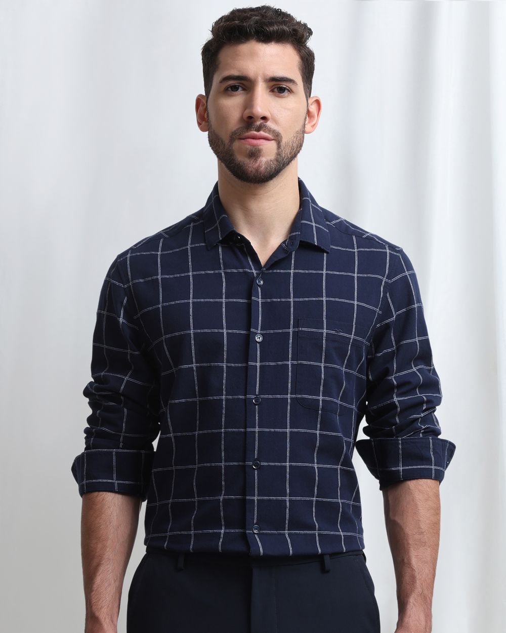Navy Dobby Check Slim Fit Casual Shirt