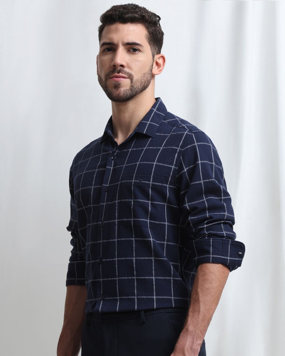 Navy Dobby Check Slim Fit Casual Shirt