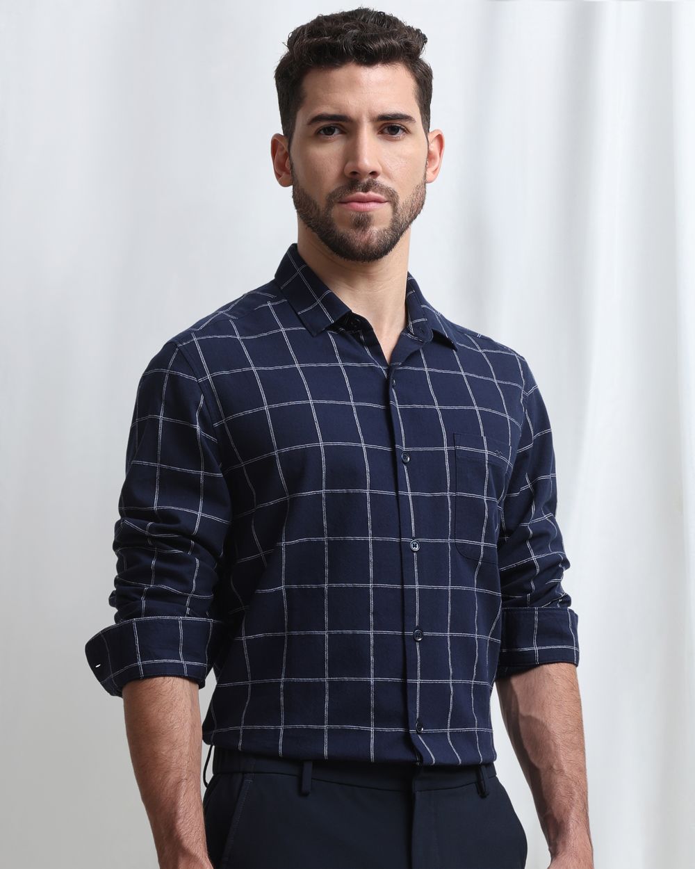 Navy Dobby Check Slim Fit Casual Shirt