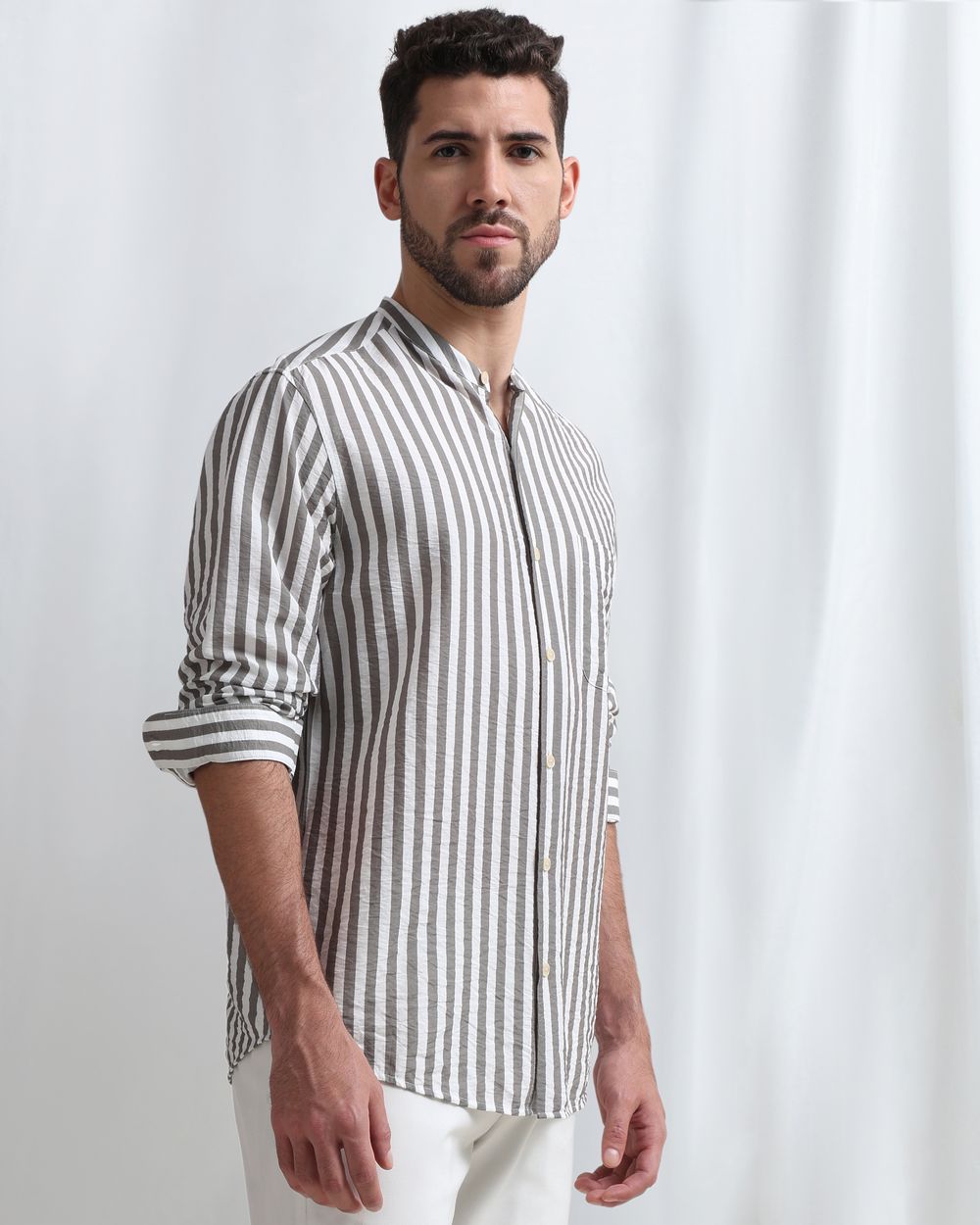 Grey Candy Stripe Slim Fit Casual Shirt