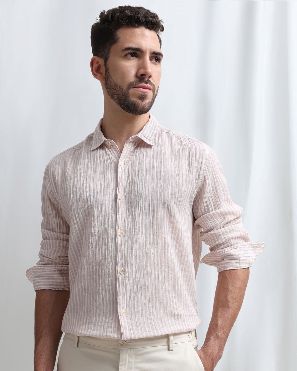 Pastel Pink Candy Stripe Crinkle Slim Fit Casual Shirt