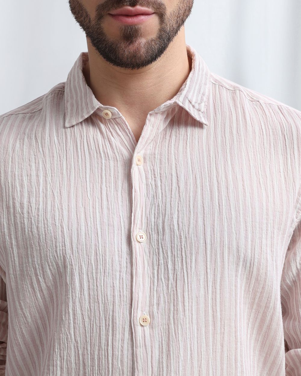 Pastel Pink Candy Stripe Crinkle Slim Fit Casual Shirt