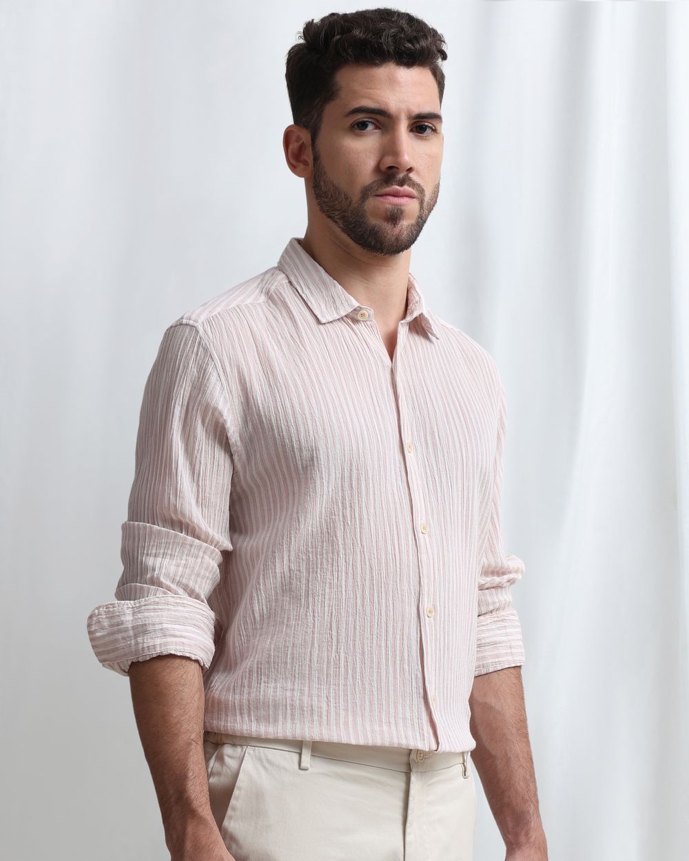 Pastel Pink Candy Stripe Crinkle Slim Fit Casual Shirt
