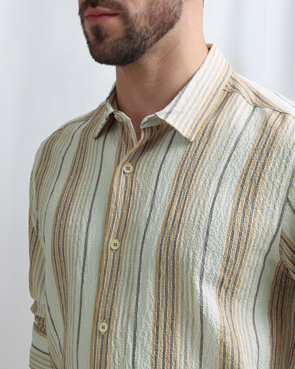 Beige Textured Stripe Slim Fit Casual Shirt