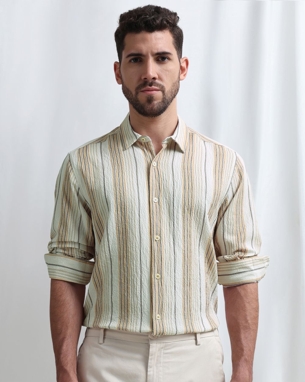 Beige Textured Stripe Slim Fit Casual Shirt