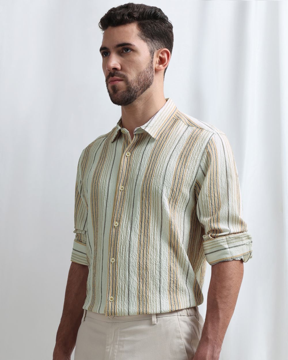 Beige Textured Stripe Slim Fit Casual Shirt