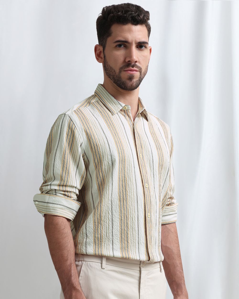 Beige Textured Stripe Slim Fit Casual Shirt