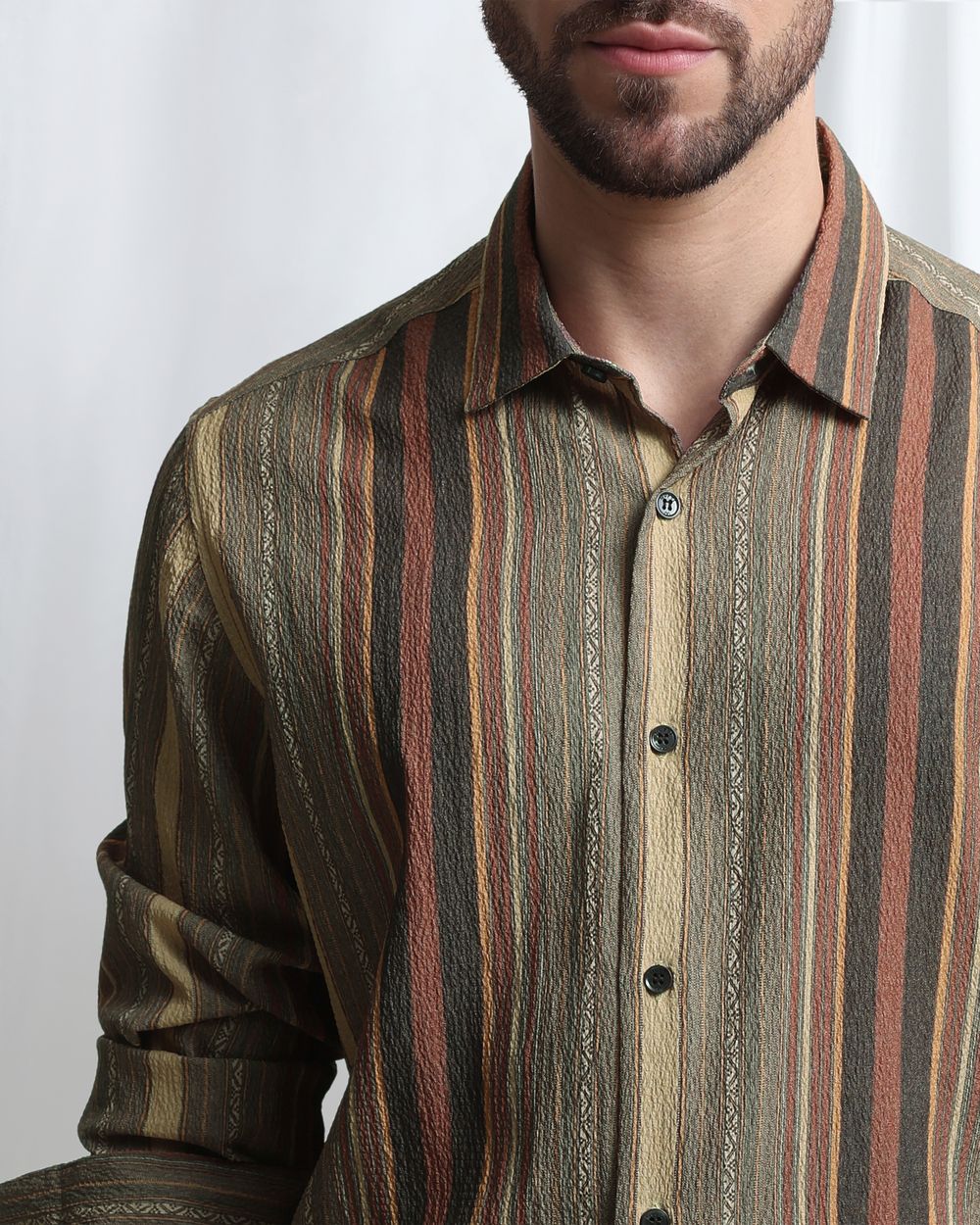 Olive Textured Stripe Slim Fit Casual Shirt