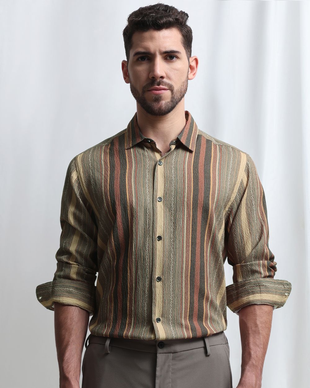 Olive Textured Stripe Slim Fit Casual Shirt