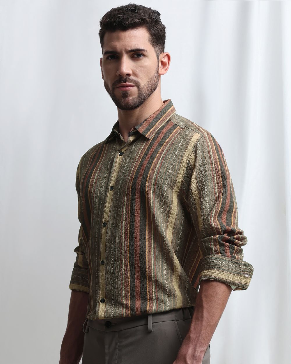 Olive Textured Stripe Slim Fit Casual Shirt
