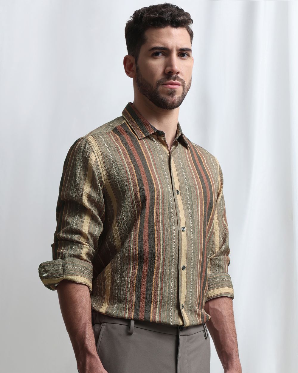 Olive Textured Stripe Slim Fit Casual Shirt
