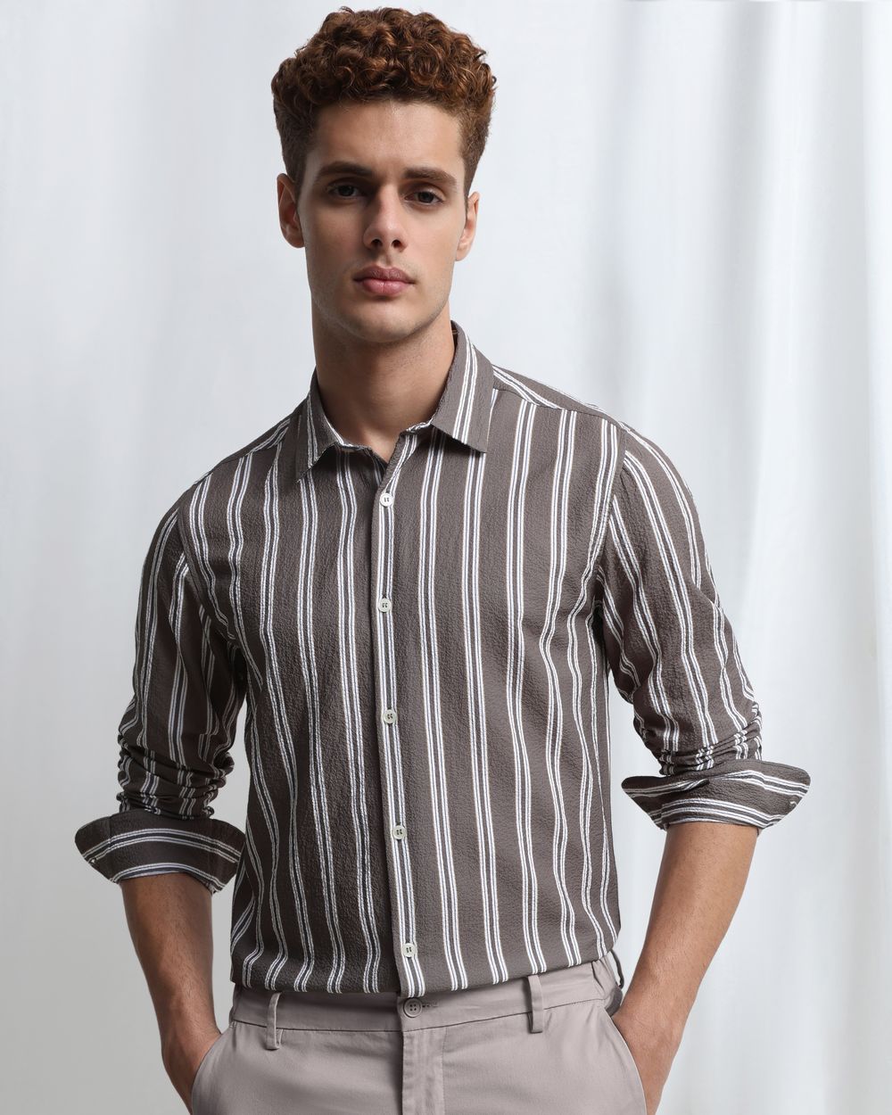 Light Olive Textured Stripe Slim Fit Casual Shirt
