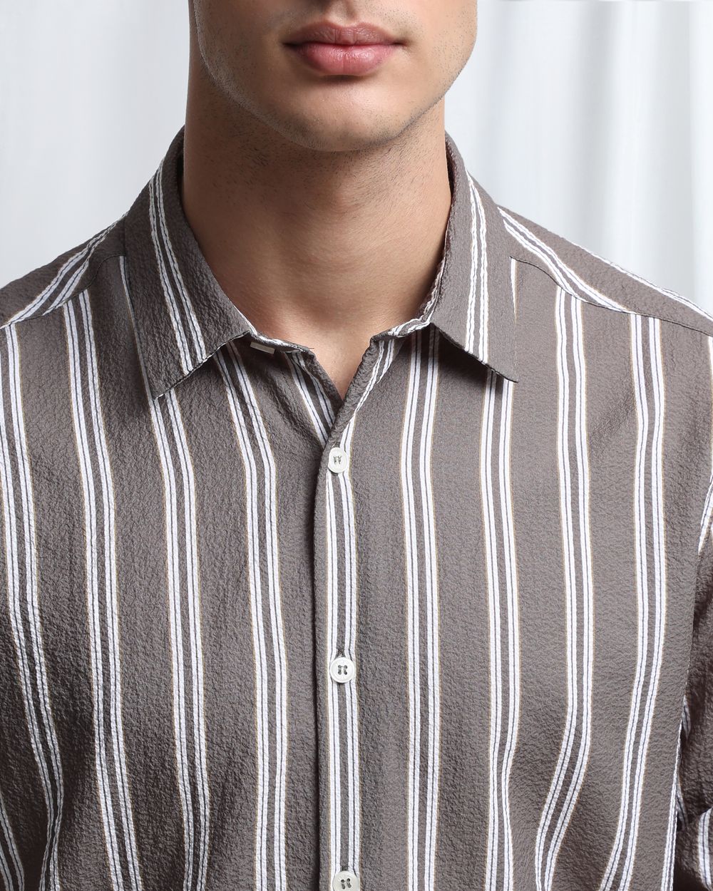 Light Olive Textured Stripe Slim Fit Casual Shirt