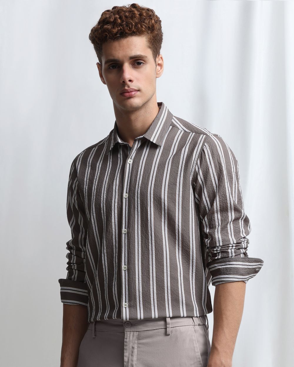 Light Olive Textured Stripe Slim Fit Casual Shirt