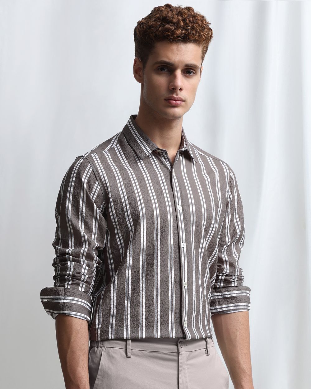 Light Olive Textured Stripe Slim Fit Casual Shirt