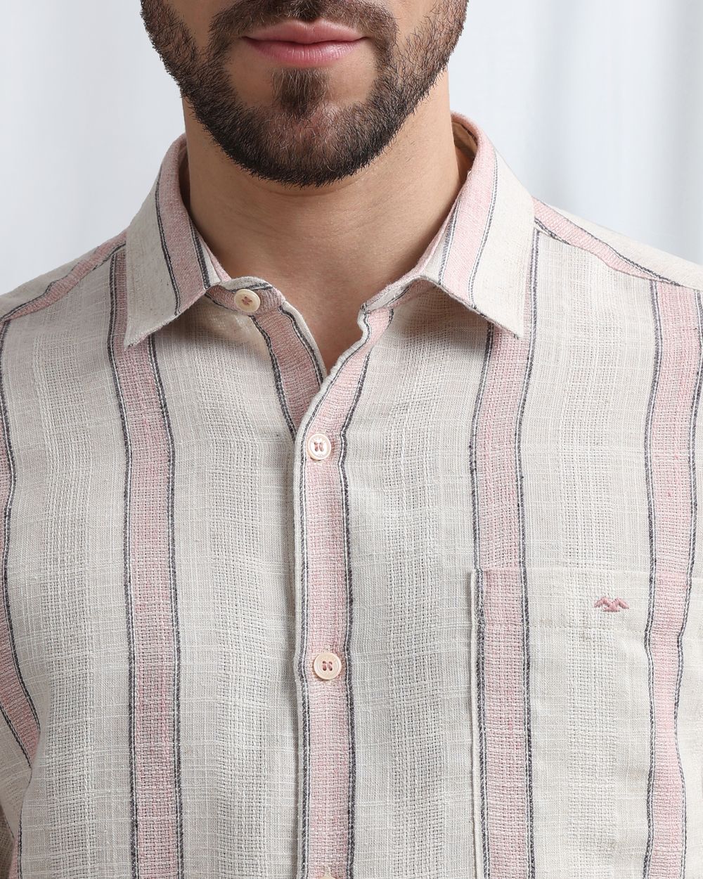 Beige Textured Stripe Slim Fit Casual Shirt