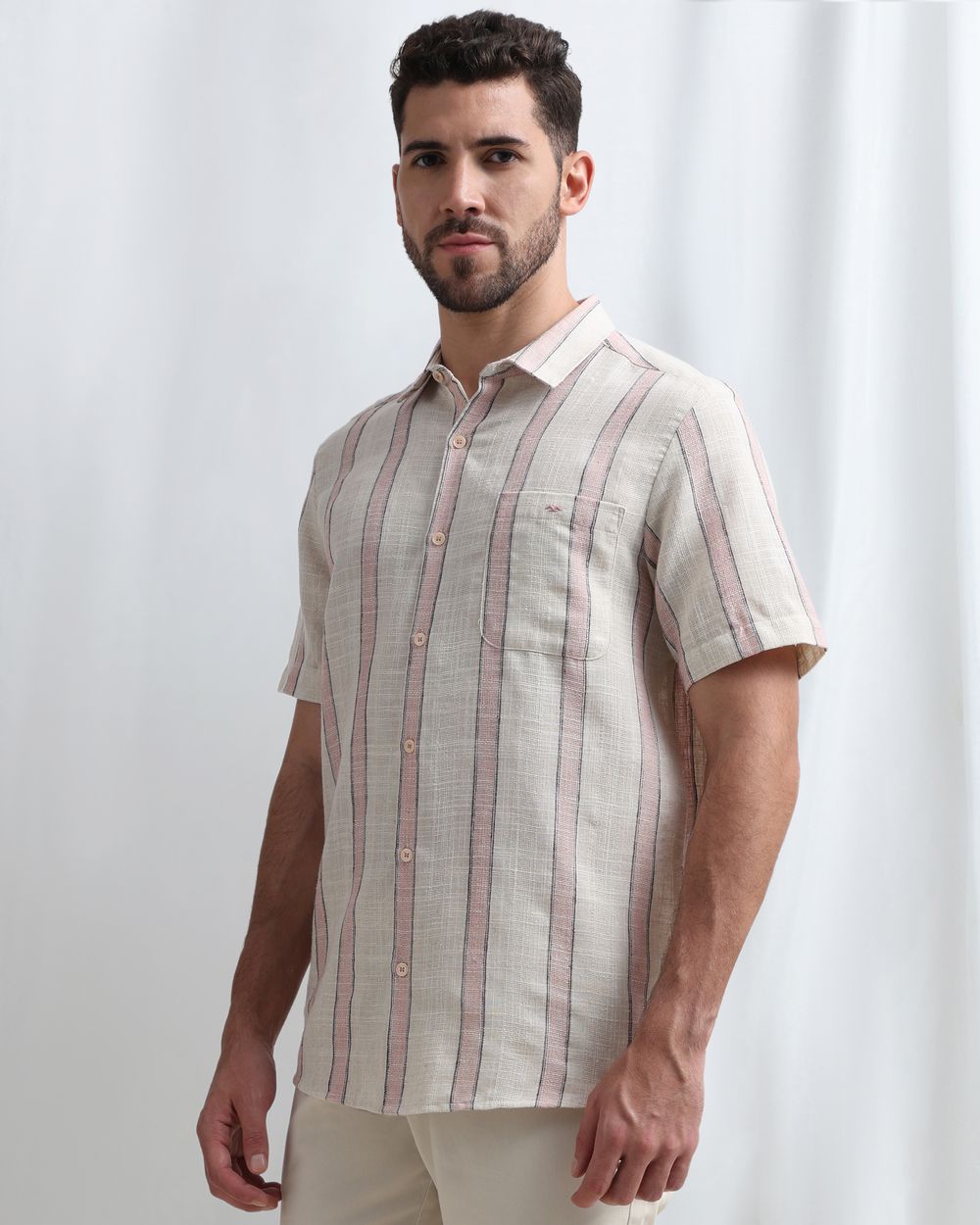 Beige Textured Stripe Slim Fit Casual Shirt