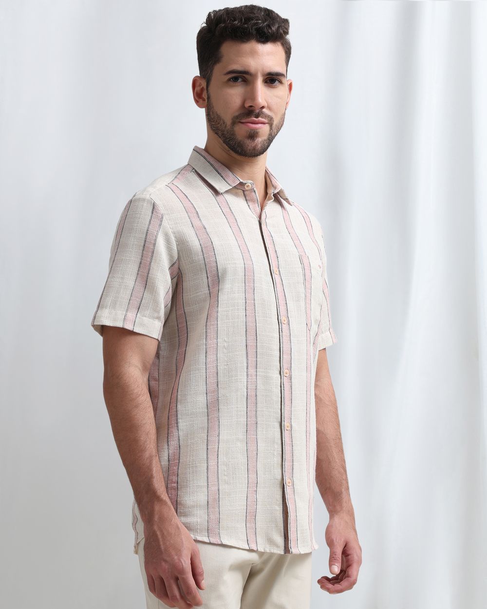 Beige Textured Stripe Slim Fit Casual Shirt