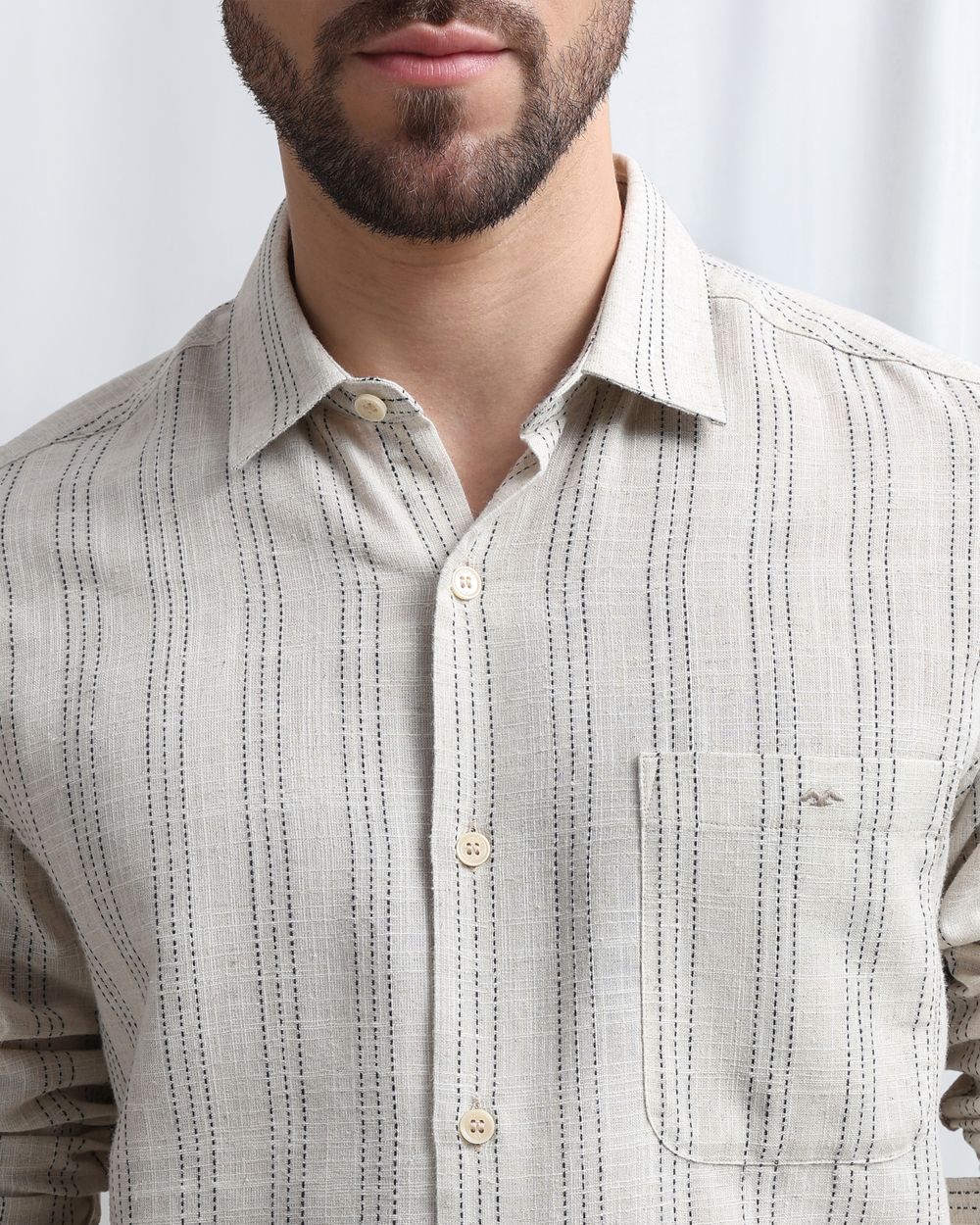 Beige Dobby Stripe Slim Fit Casual Shirt