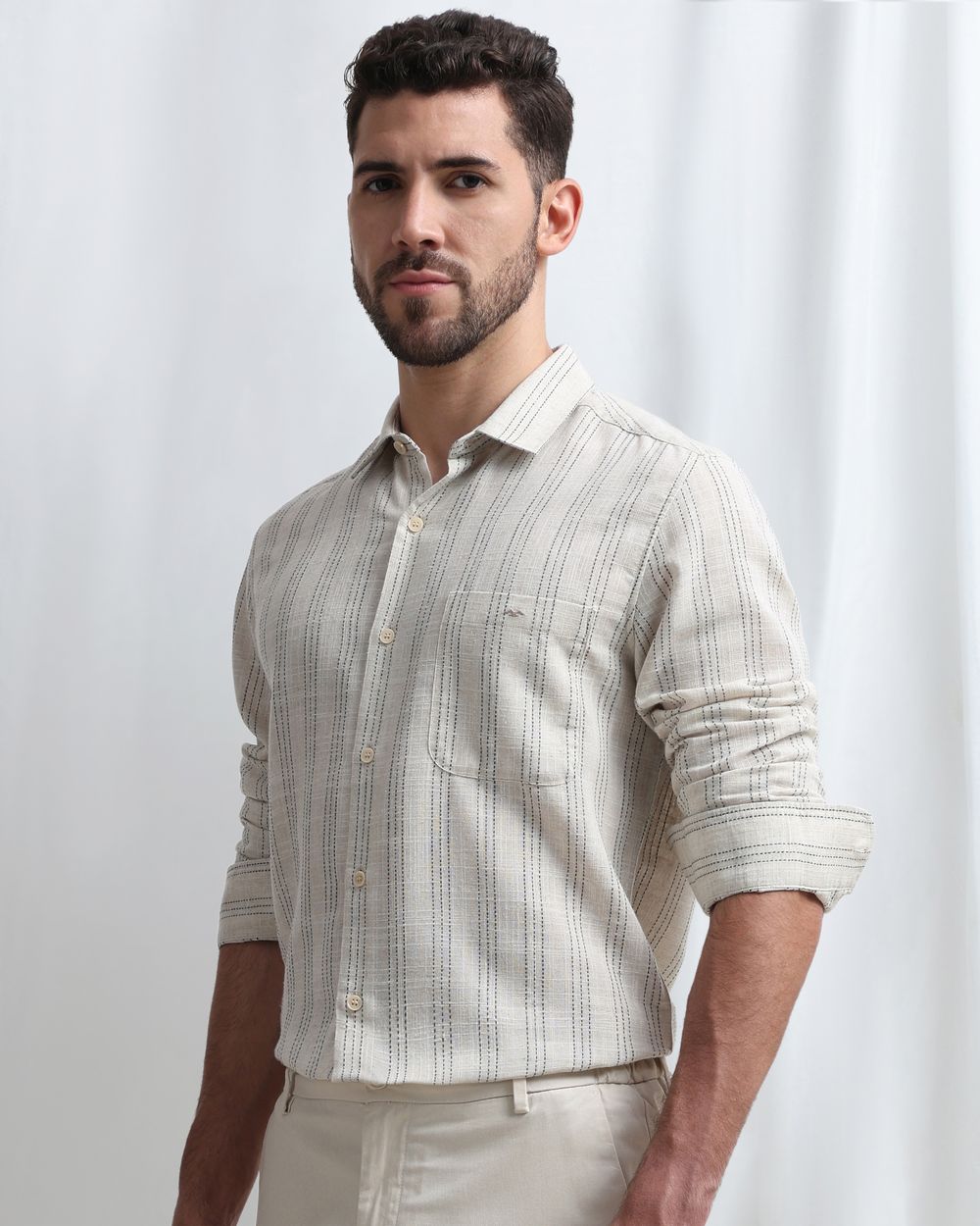 Beige Dobby Stripe Slim Fit Casual Shirt