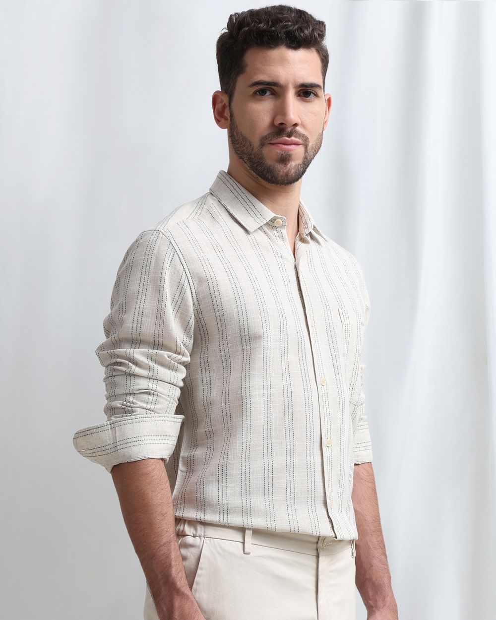 Beige Dobby Stripe Slim Fit Casual Shirt