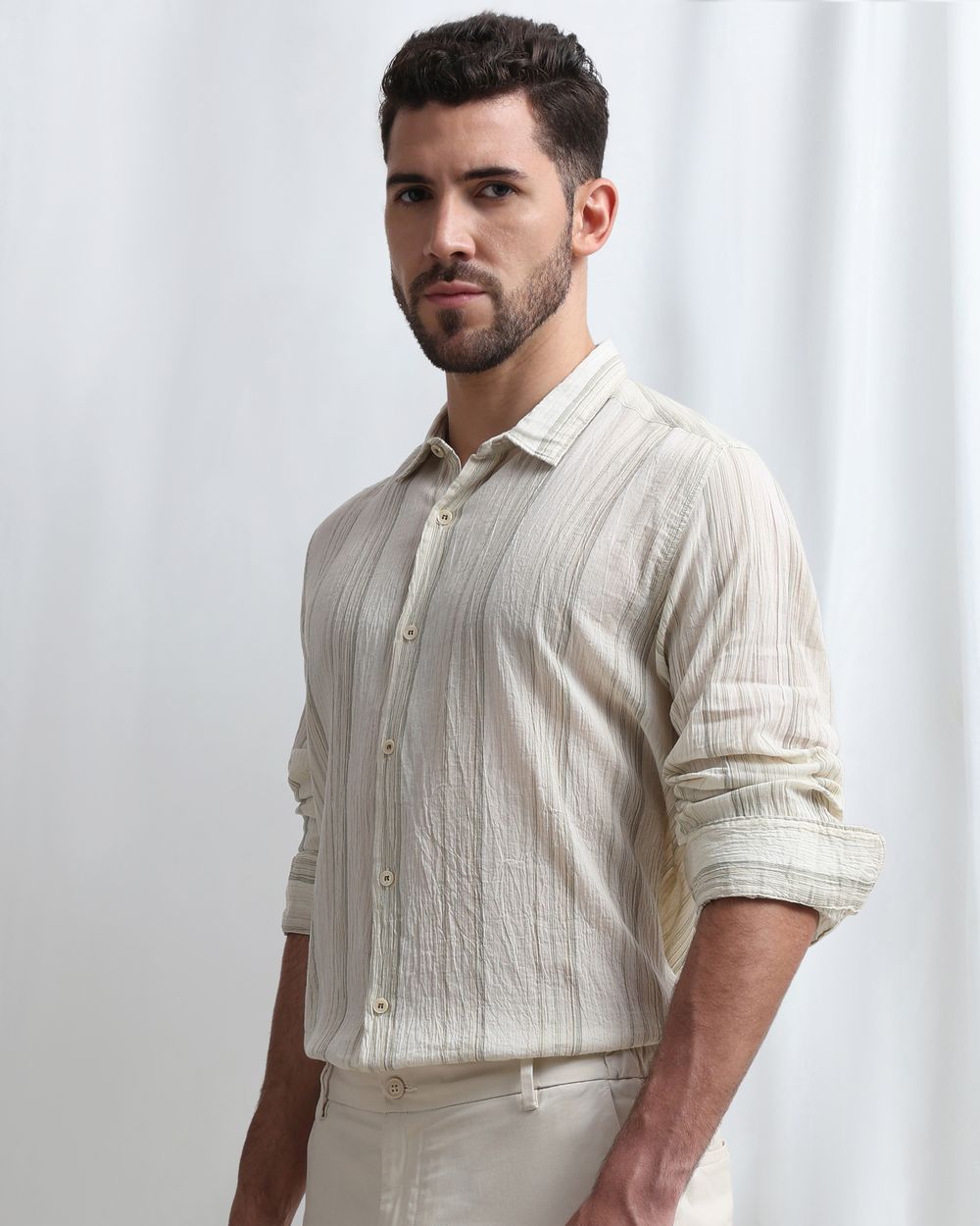 Off White Crinkle Stripe Slim Fit Casual Shirt
