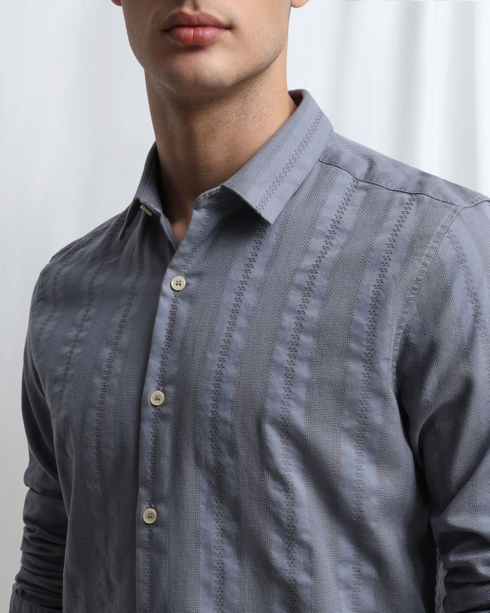 Grey Dobby Stripe Slim Fit Casual Shirt