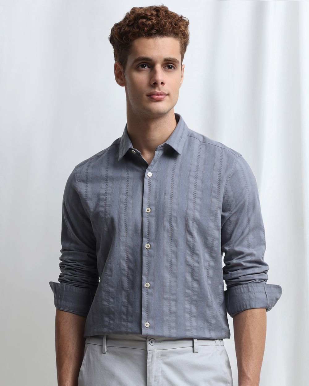 Grey Dobby Stripe Slim Fit Casual Shirt