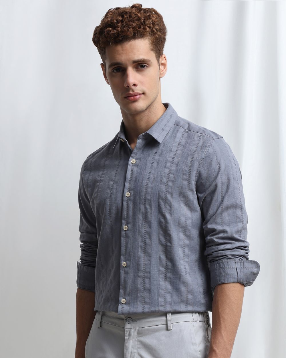 Grey Dobby Stripe Slim Fit Casual Shirt