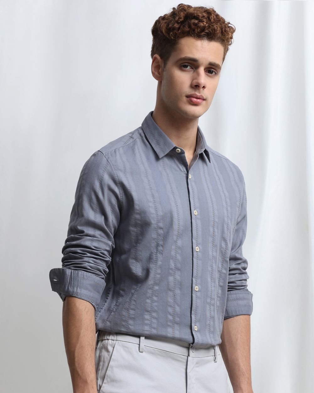Grey Dobby Stripe Slim Fit Casual Shirt