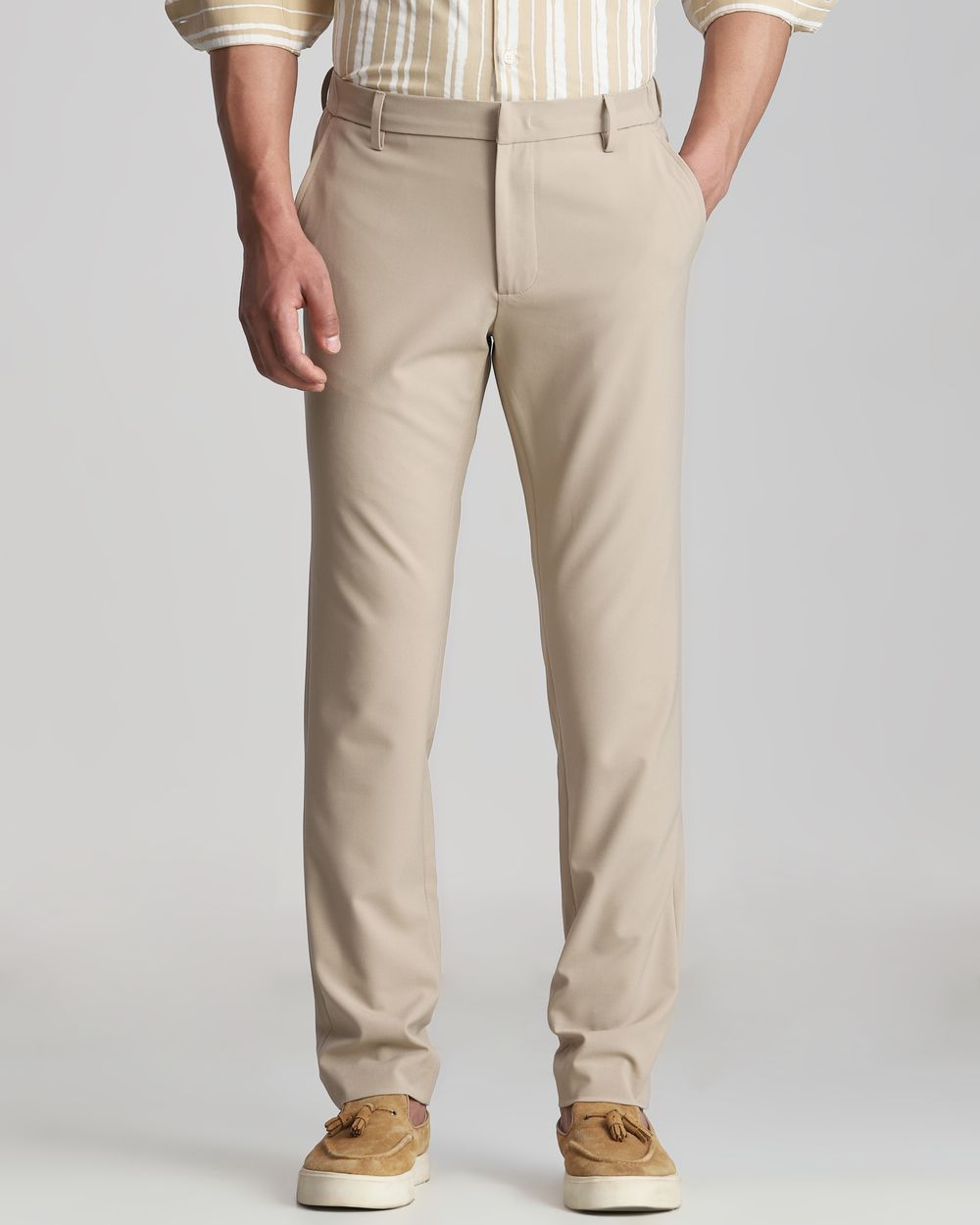 Beige Slim Fit Flat Front Pants
