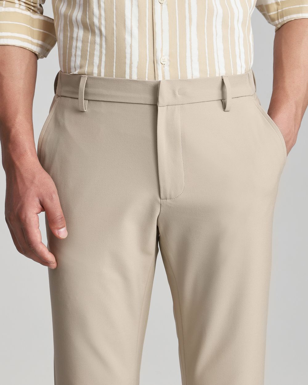 Beige Slim Fit Flat Front Pants