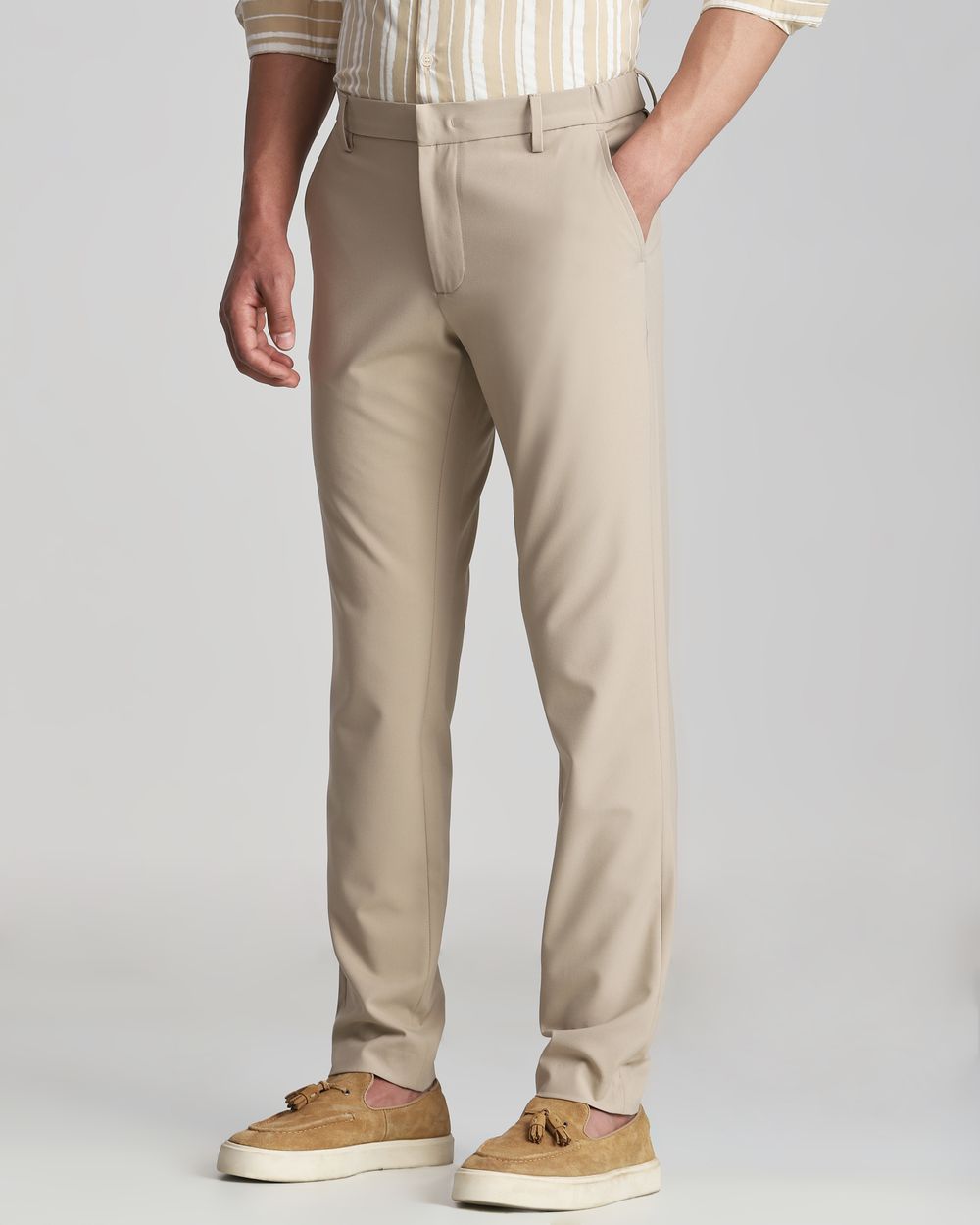 Beige Slim Fit Flat Front Pants