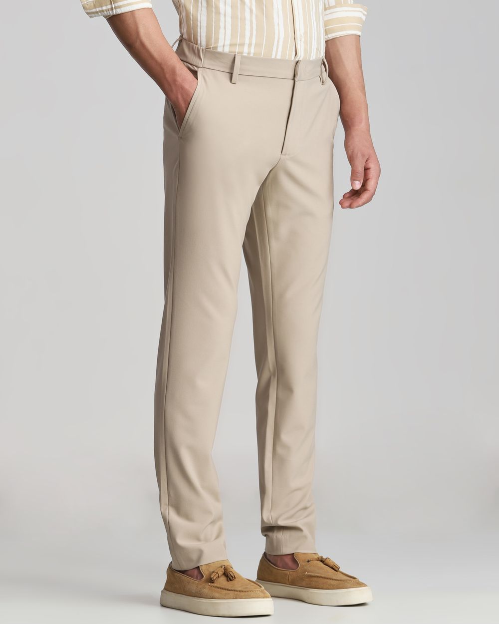 Beige Slim Fit Flat Front Pants