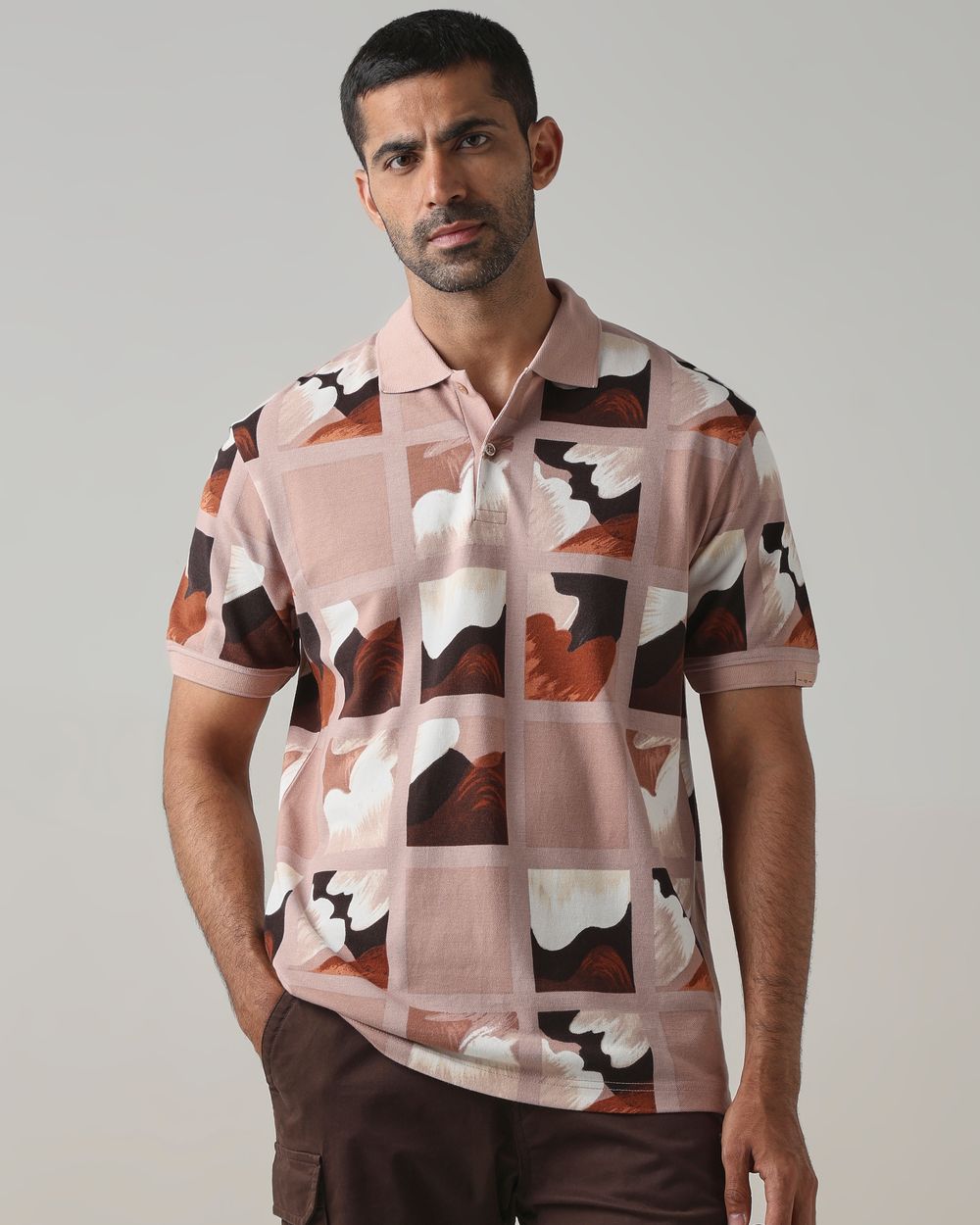 Peach Abstract Print Polo