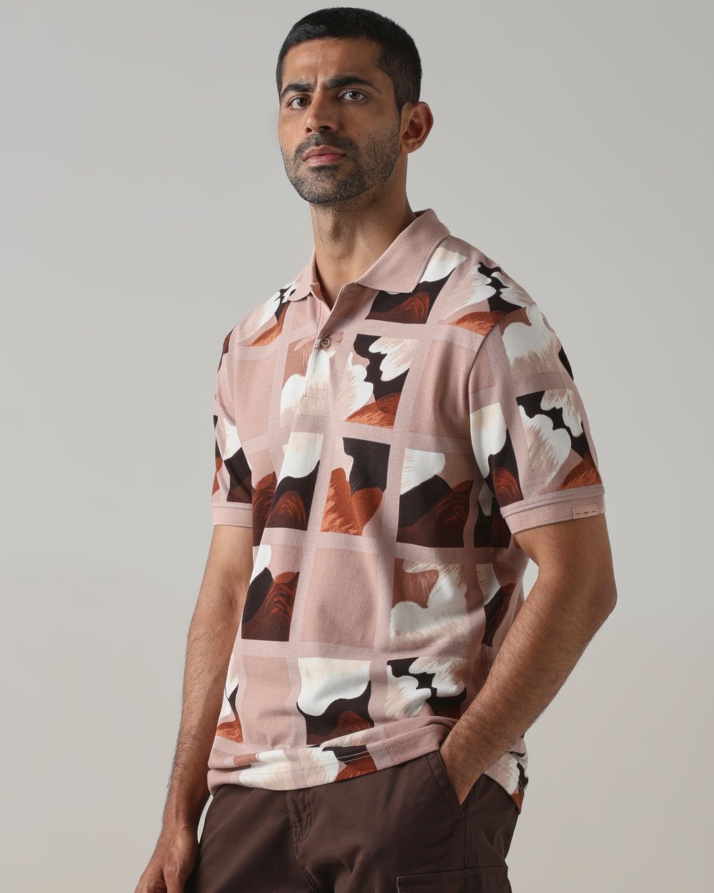 Peach Abstract Print Polo