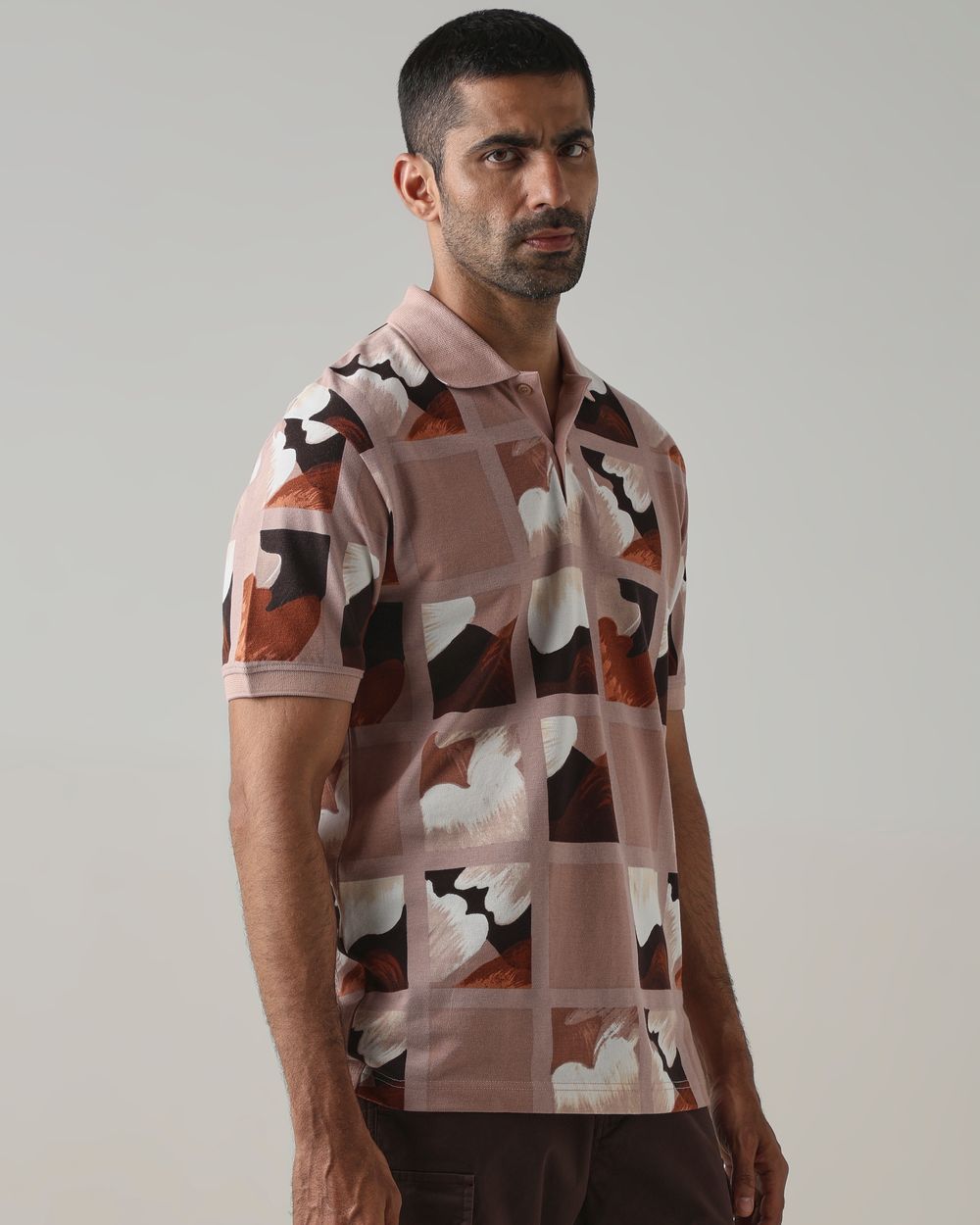 Peach Abstract Print Polo