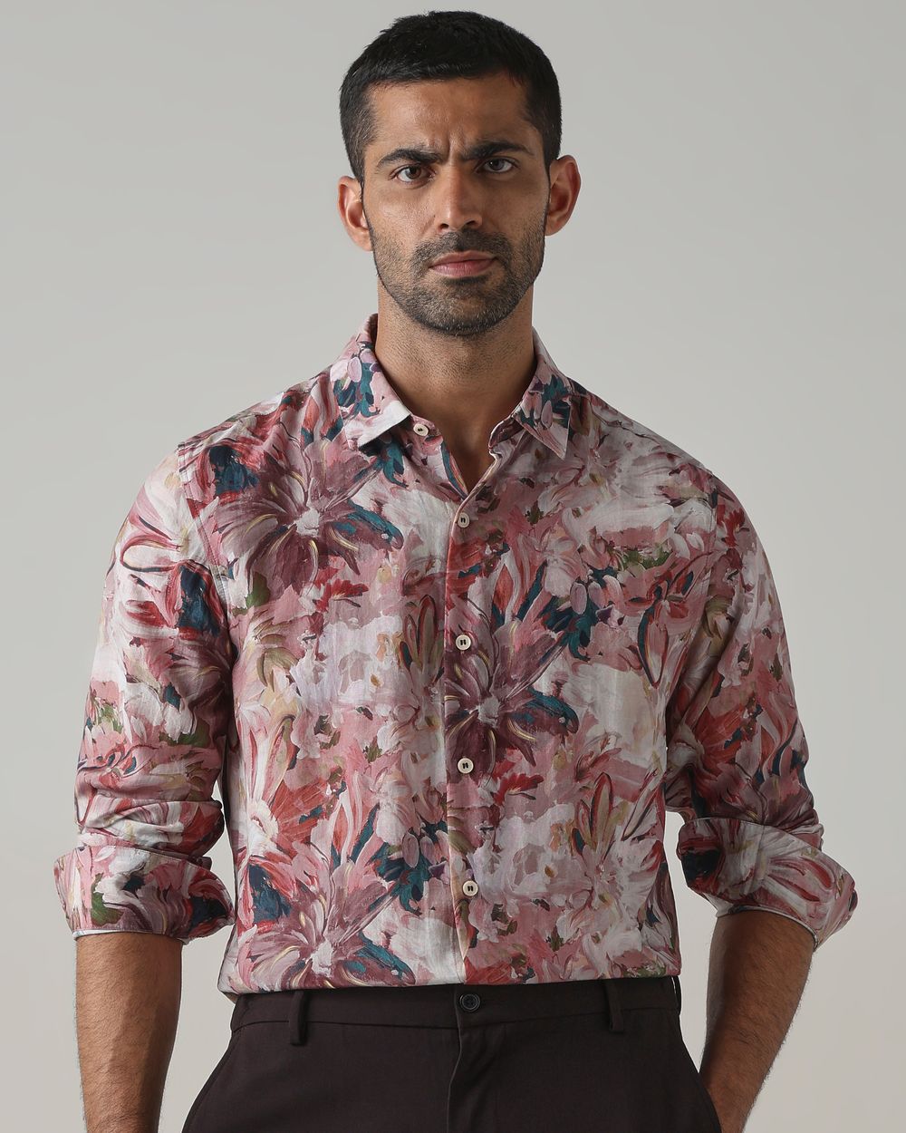 Pink Viscose Print Slim Fit Casual Shirt