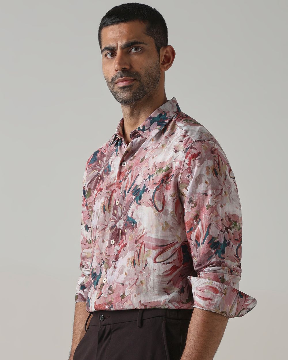 Pink Viscose Print Slim Fit Casual Shirt