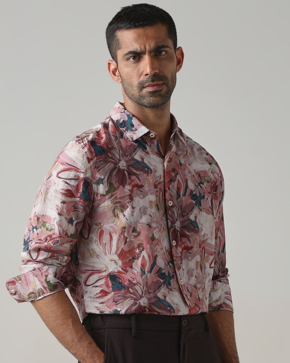 Pink Viscose Print Slim Fit Casual Shirt