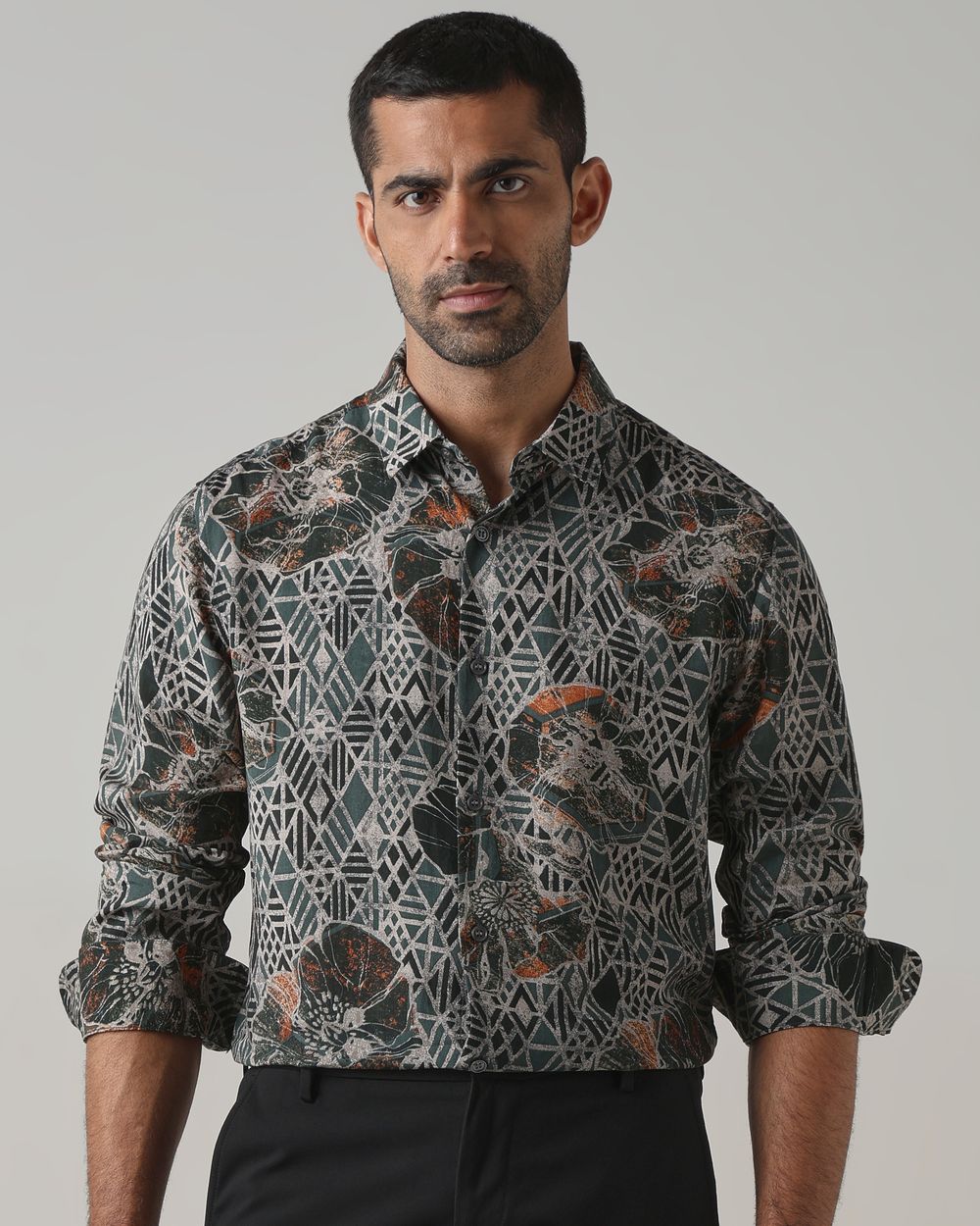 Dark Green Viscose Print Slim Fit Casual Shirt