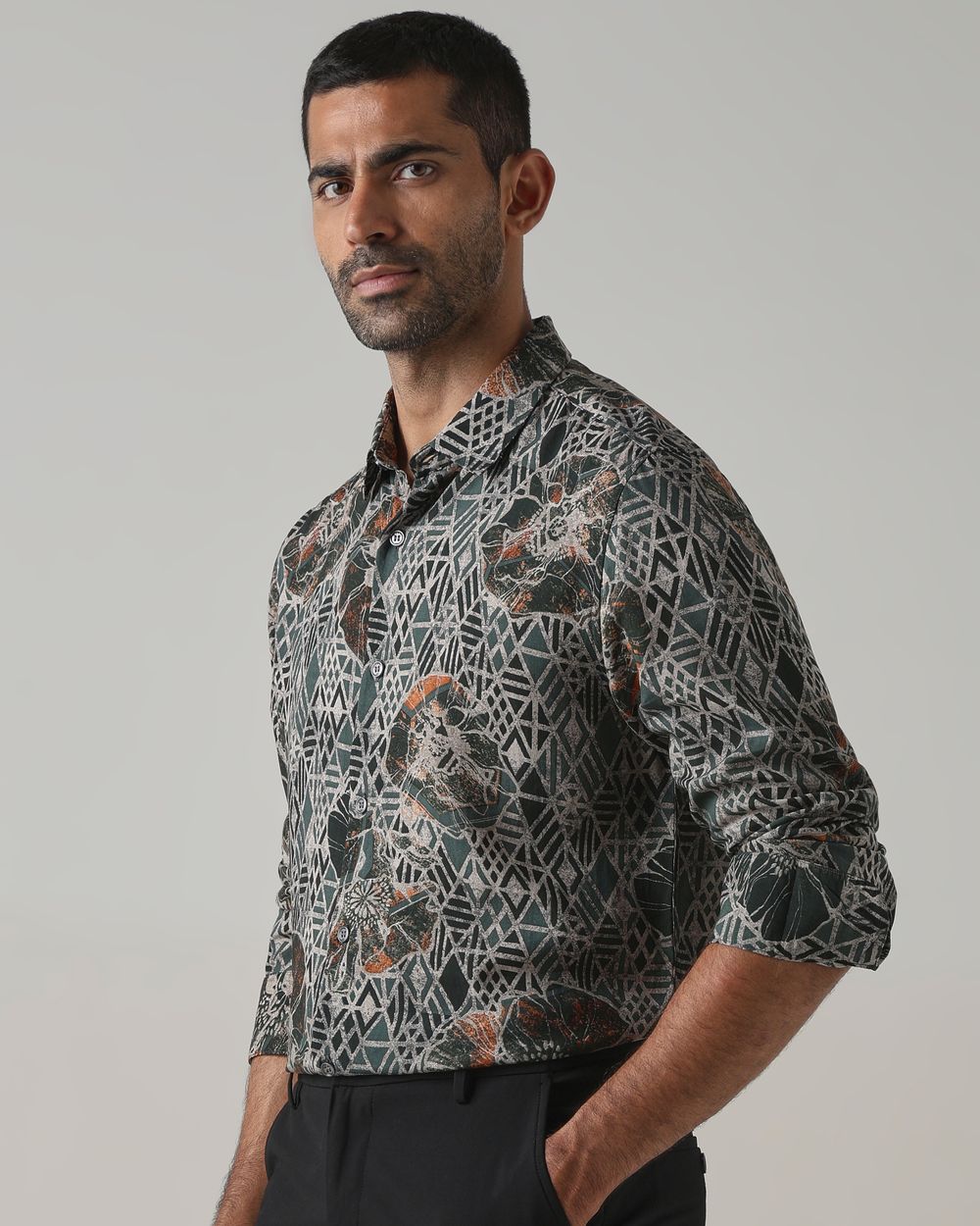 Dark Green Viscose Print Slim Fit Casual Shirt