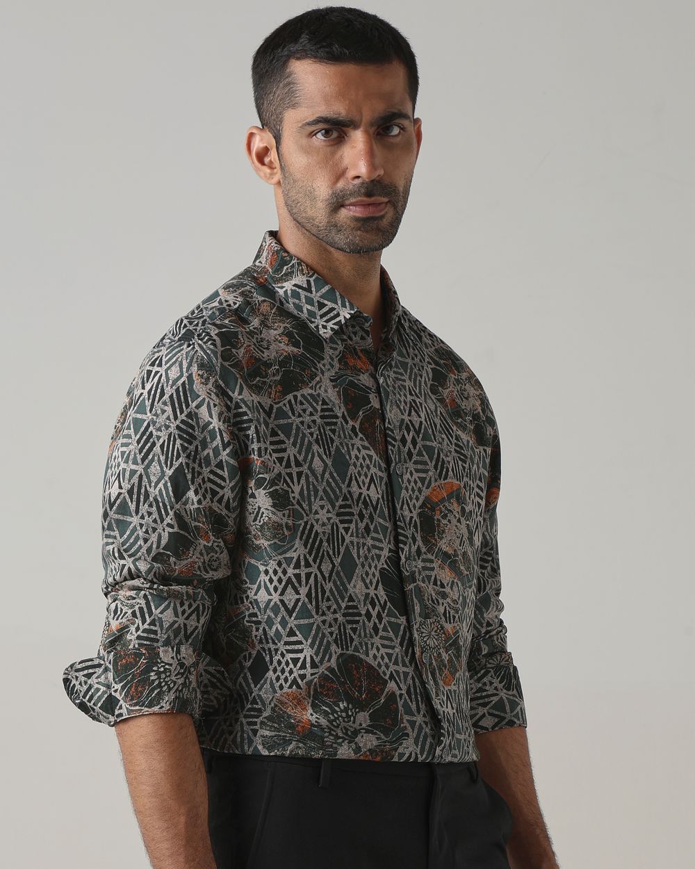 Dark Green Viscose Print Slim Fit Casual Shirt