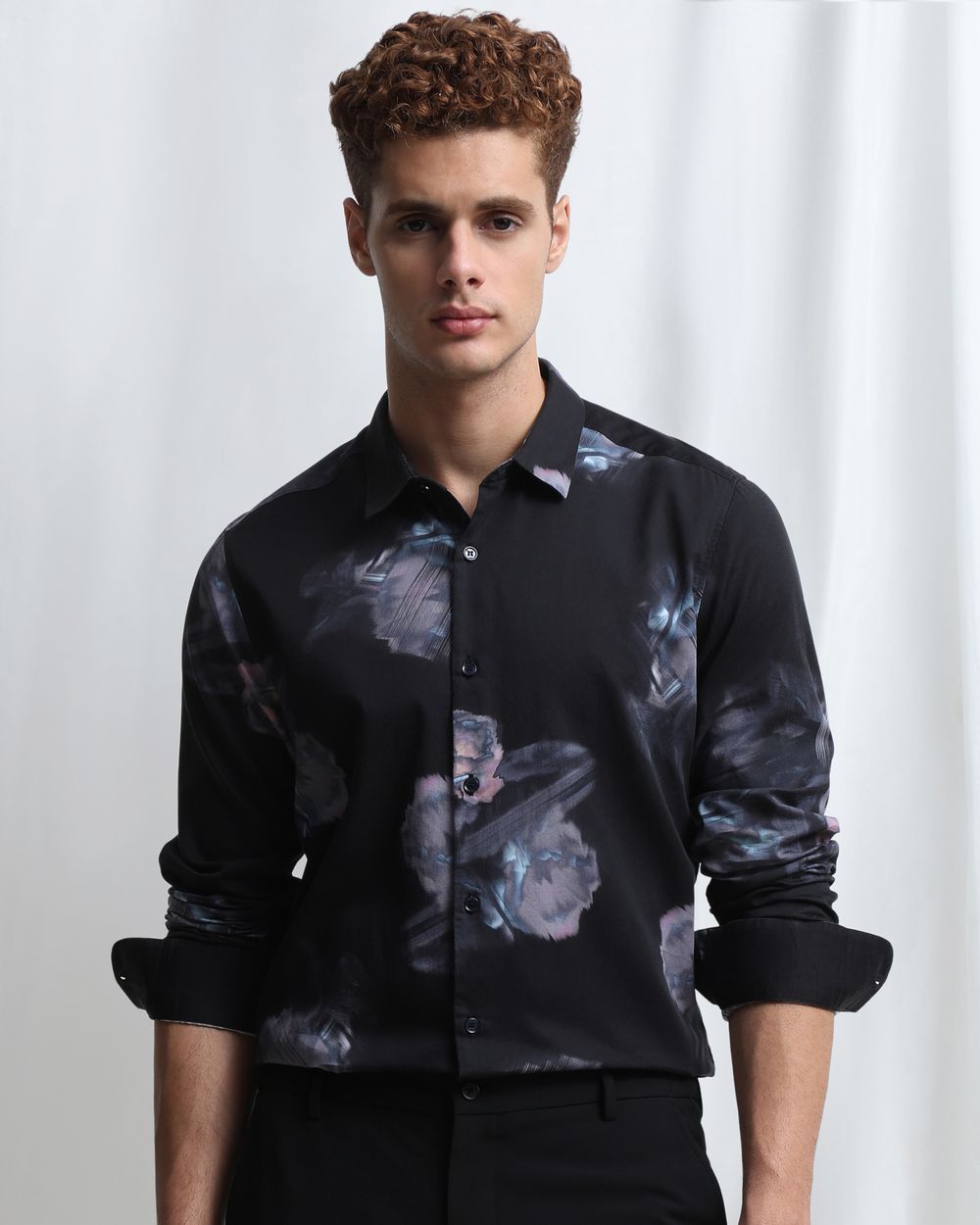 Black Digital Print Slim Fit Casual Shirt