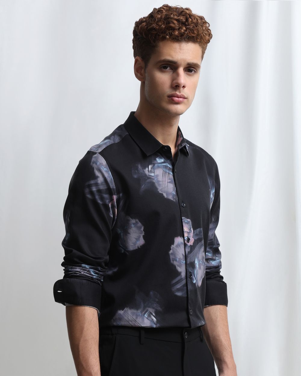 Black Digital Print Slim Fit Casual Shirt