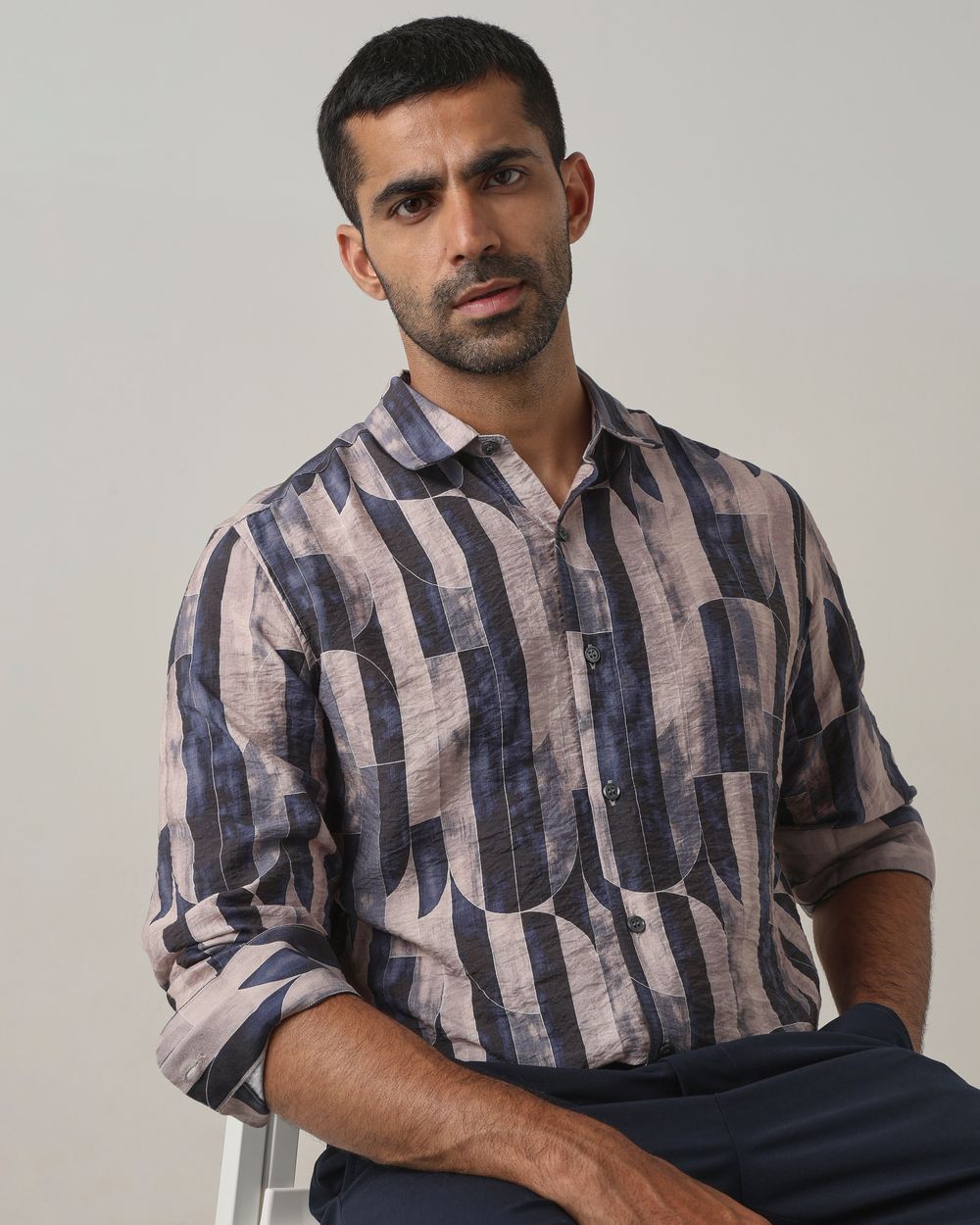 Navy Digital Print Slim Fit Casual Shirt