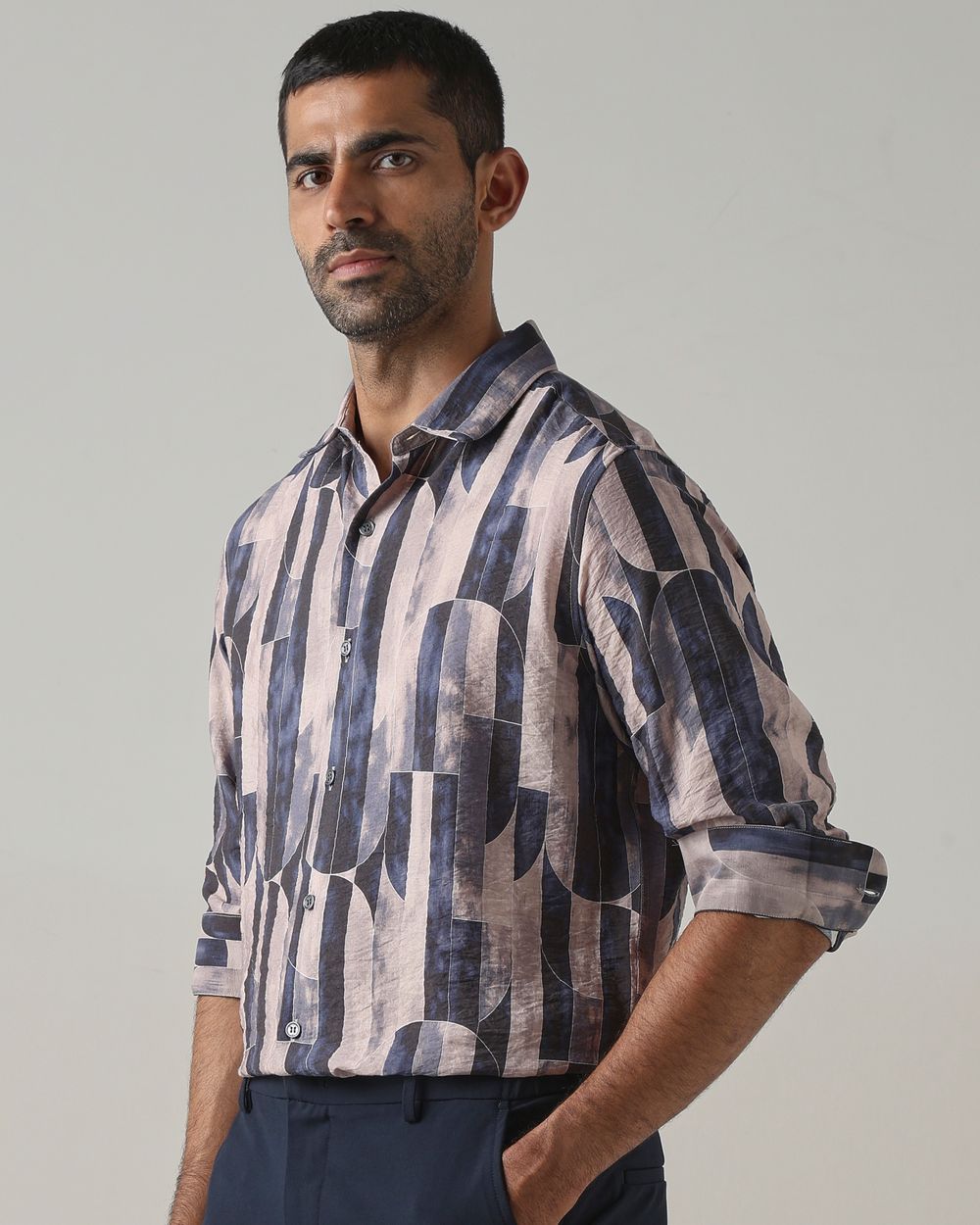 Navy Digital Print Slim Fit Casual Shirt