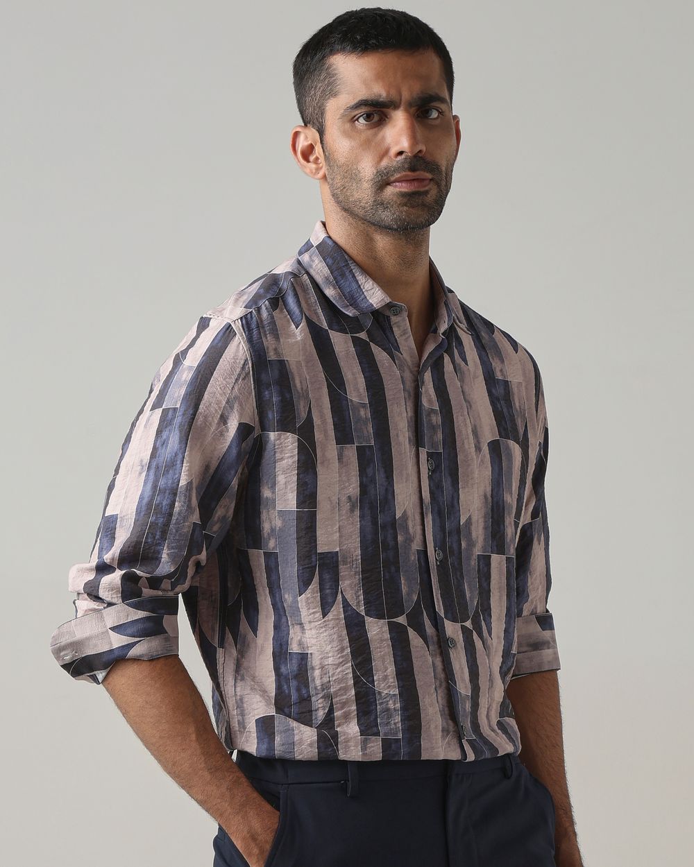 Navy Digital Print Slim Fit Casual Shirt
